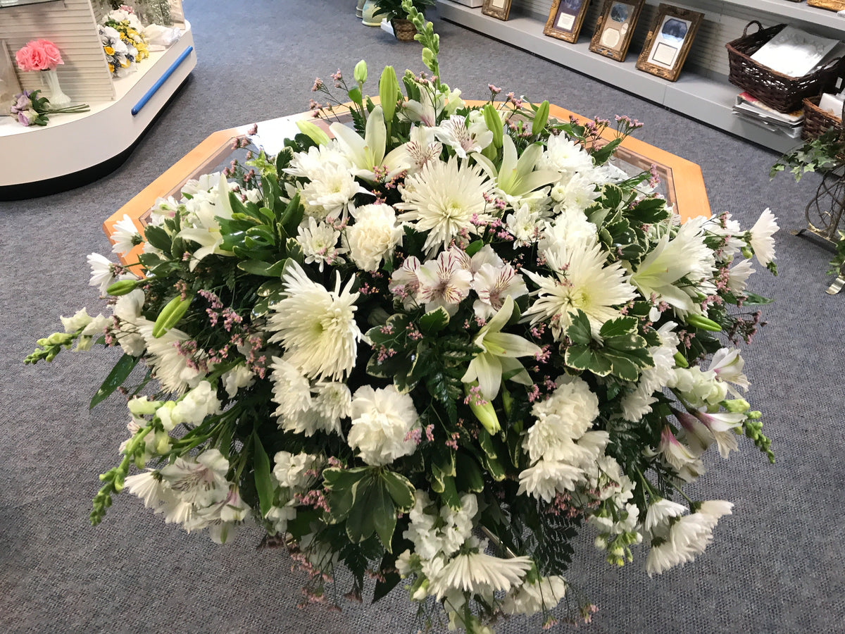 All White Casket Spray – WALKER'S FLOWER BASKET, Winfield WV