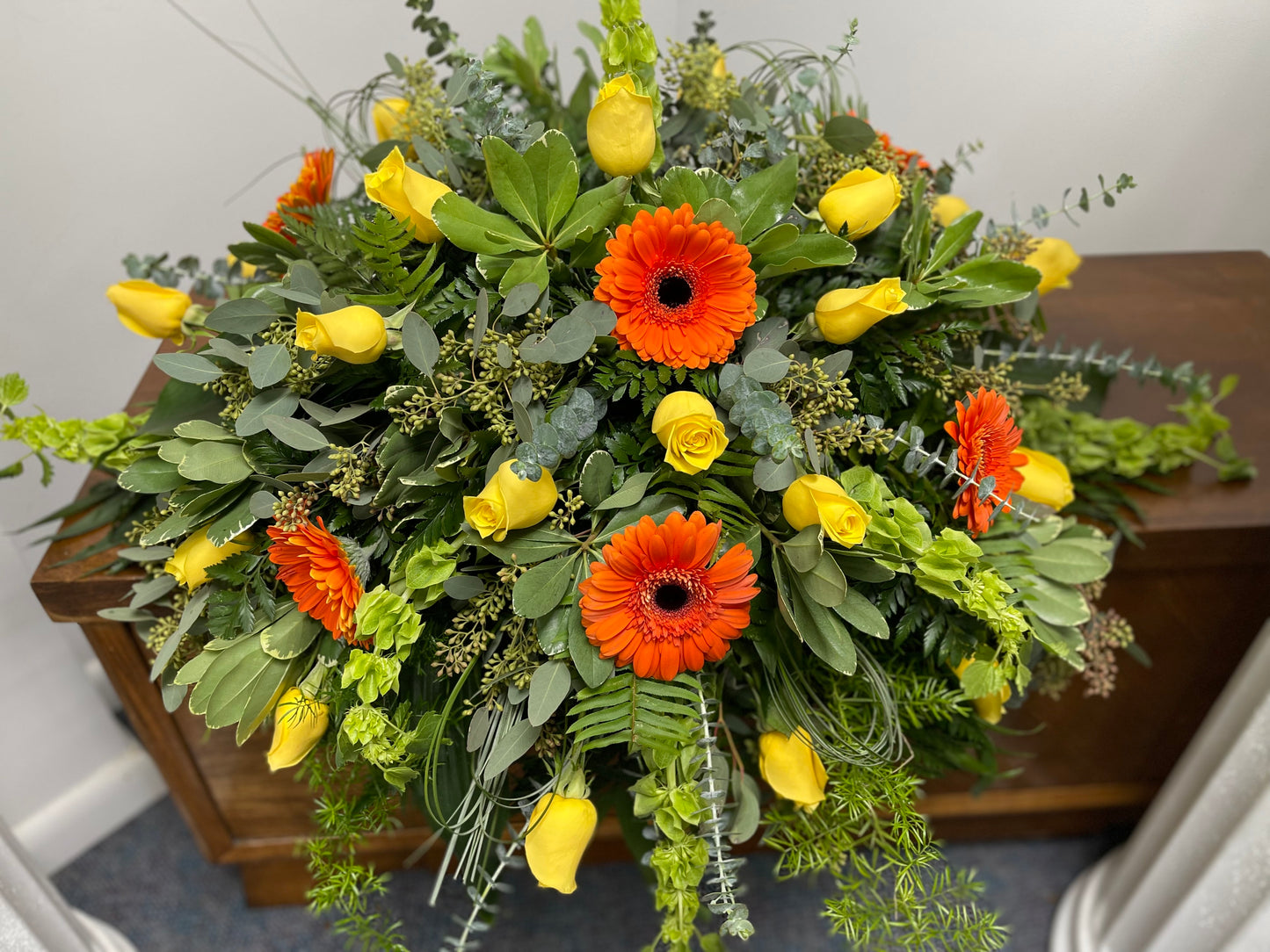 Orange Gerber/ Yellow Rose Casket Piece – WALKER'S FLOWER BASKET, Winfield WV