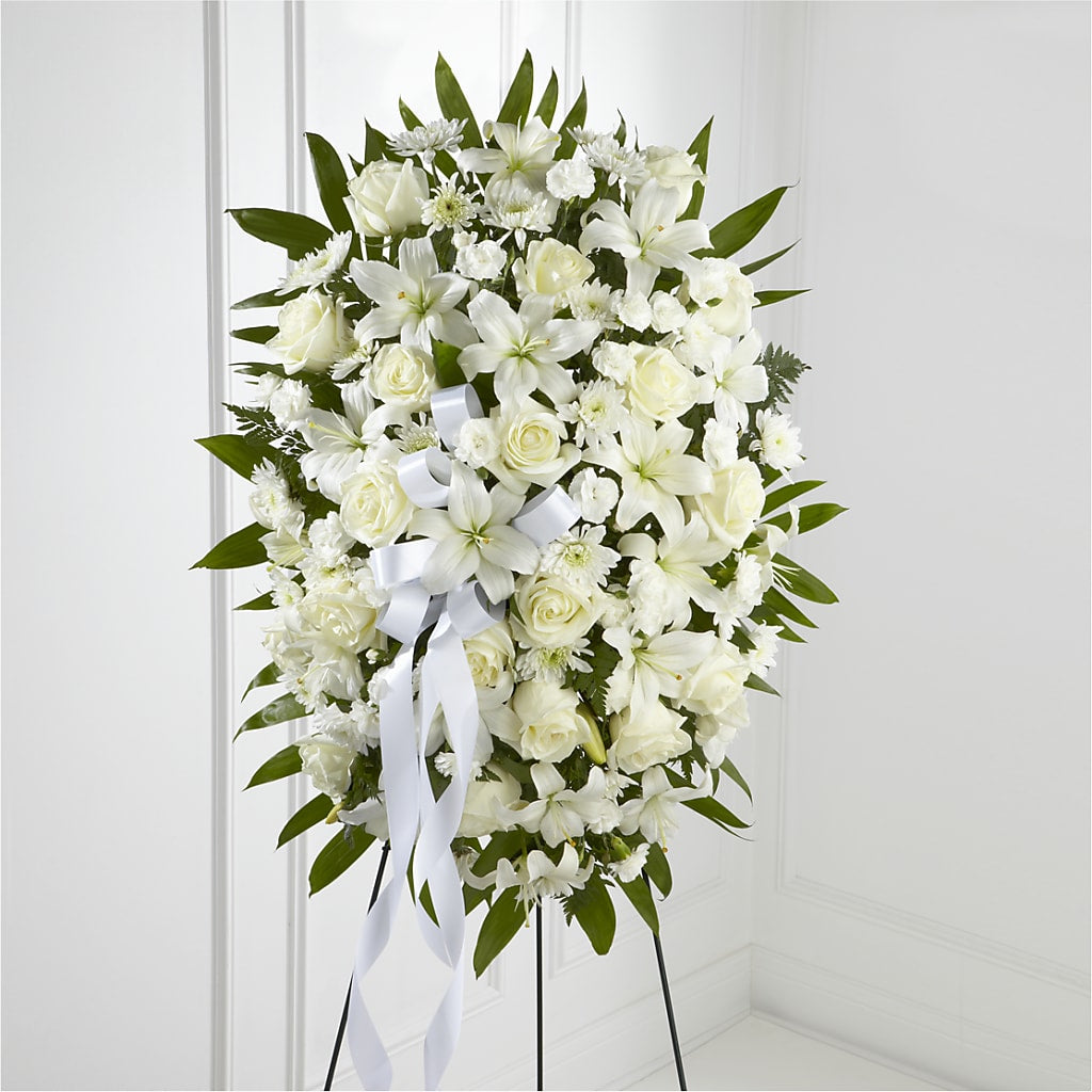 Exquisite Tribute Standing Spray-White Ribbon – WALKER'S FLOWER BASKET, Winfield WV