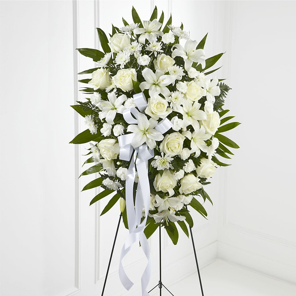 Exquisite Tribute Standing Spray-White Ribbon – WALKER'S FLOWER BASKET, Winfield WV