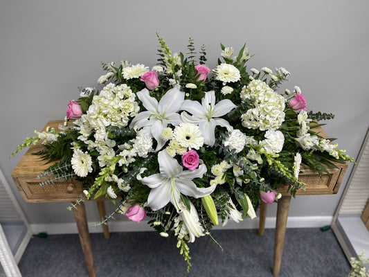 All White With Pink Casket Spray